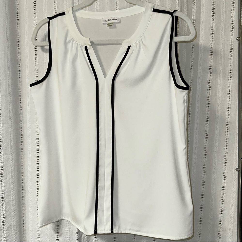 Calvin Klein Women's White Blouse with Black Trim, cool crisp white!